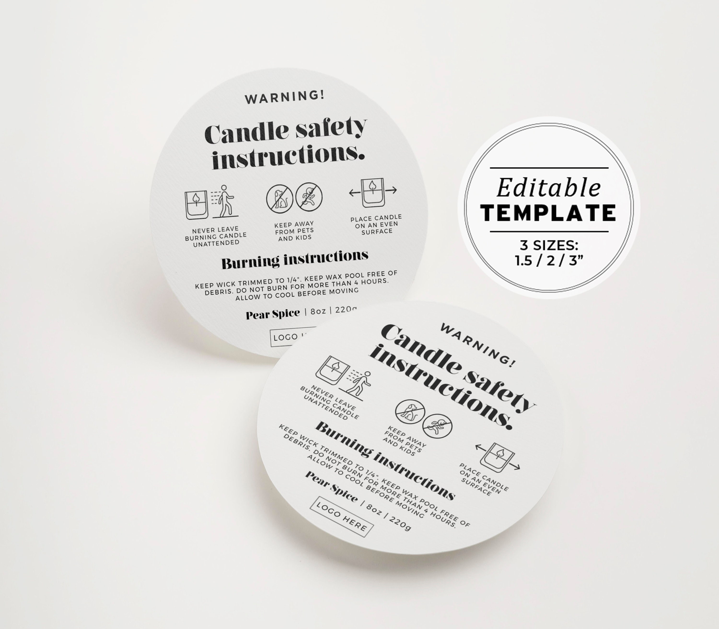 Minimalist Candle Warning Label Template, Printable Candle Safety Sticker,  Sizes: 1.5in / 2in / 3in EDITABLE TEMPLATE 055 043 Mr White 