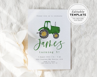 Minimalist Green Tractor Theme Birthday Party Invite Template | EDITABLE TEMPLATE #058