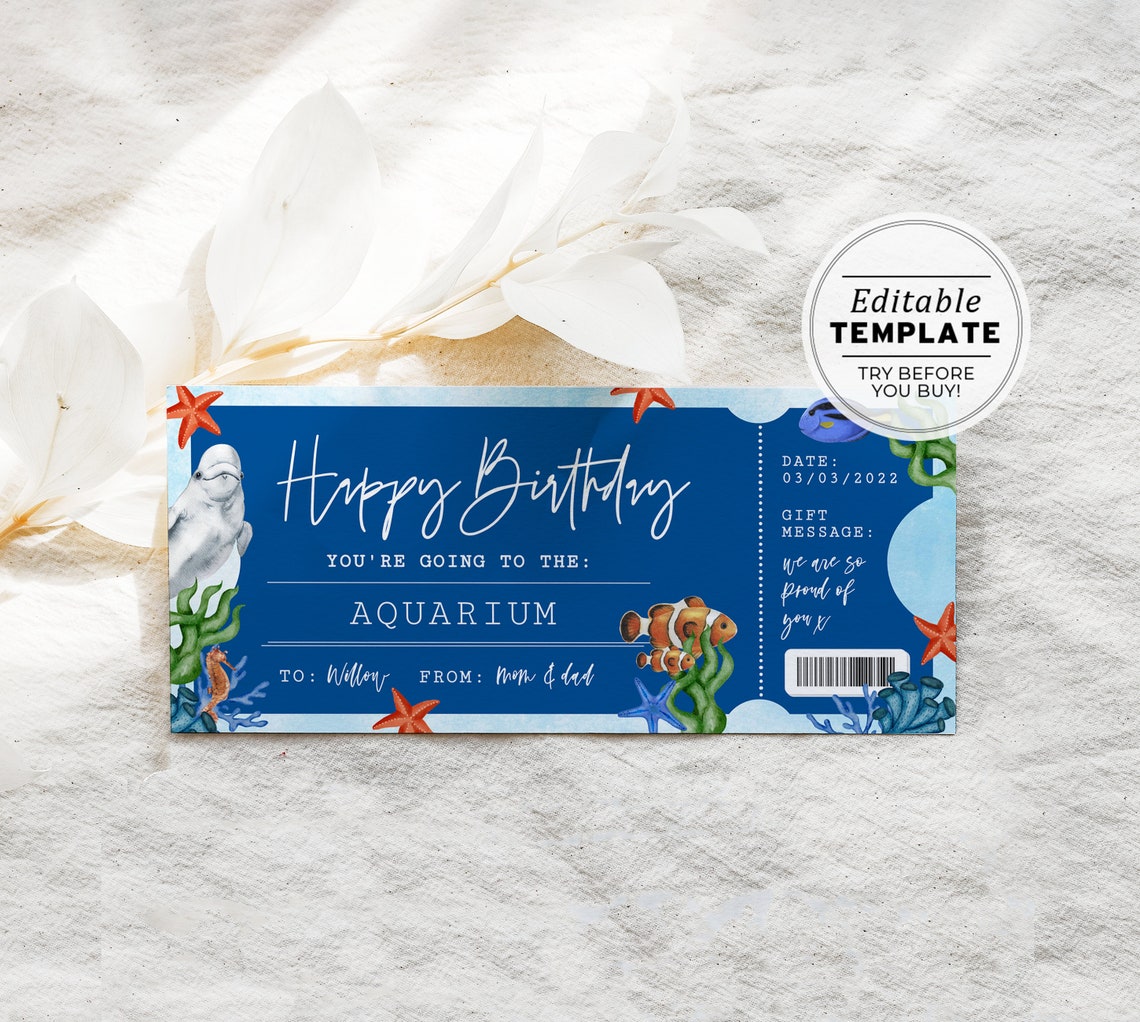 Printable Aquarium Ticket Birthday Gift Template Surprise - Etsy