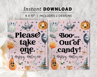 Blush Halloween Candy Bowl Sign Set, Please Take One, Out of Candy, Halloween Porch Sign, Trick or Treat Sign | INSTANT DOWNLOAD #105