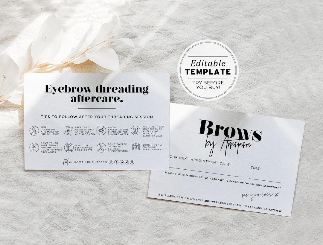 Eyebrow Threading Aftercare and Appointment Card, Aftercare ...