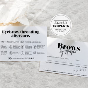 Eyebrow Threading Aftercare and Appointment Card, Aftercare Instructions | PRINTABLE EDITABLE TEMPLATE #055 #043 Mr White