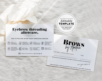 Eyebrow Threading Aftercare and Appointment Card, Aftercare Instructions | PRINTABLE EDITABLE TEMPLATE #055 #043 Mr White