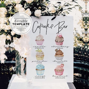 Cupcake Menu Sign, Cupcake Bar Sign, Minimalist Dessert Sign, 120+ Watercolor Illustrations, Printable Editable Template #004 Juliette