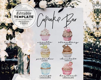 Cupcake Menu Sign, Cupcake Bar Sign, Minimalist Dessert Sign, 120+ Watercolor Illustrations, Printable Editable Template #004 Juliette