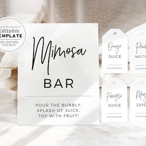 Mimosa Bar Sign, Mimosa Bar Labels, Minimalist Mimosa Bar Sign, Mimosa Juice Tags, Printable Editable Template #004 Juliette