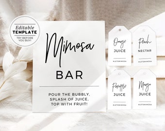 Juliette Minimalist Mimosa Bar Sign and Tag Template, Printable Mimosa Sign | EDITABLE TEMPLATE #004