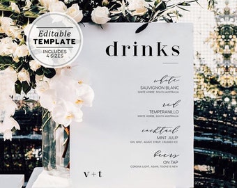 Mr White Minimalist Wedding Drinks Menu, Bar Menu, Drinks Sign, Bar Sign, Printable Editable Template #001