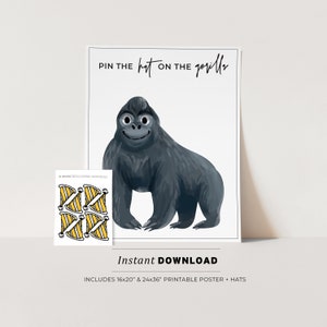 Könnte beinhalten: Druckbares Spiel für eine Party, "Pin the Hat on the Gorilla". Das Spiel beinhaltet ein Poster mit einem Gorilla-Cartoon und ein Blatt mit Hüten zum Ausschneiden und Anpinnen an den Gorilla.