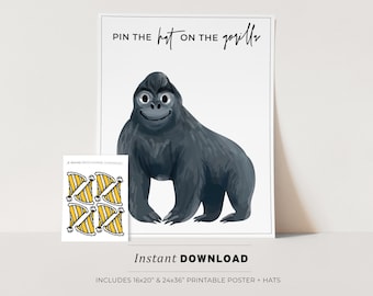 Pin the Hat on the Gorilla Kids Party Game Printable Poster, Birthday Party Game, INSTANT DOWNLOAD