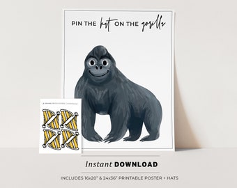 Pin the Hat on the Gorilla Kids Party Game Printable Poster, Birthday Party Game, INSTANT DOWNLOAD