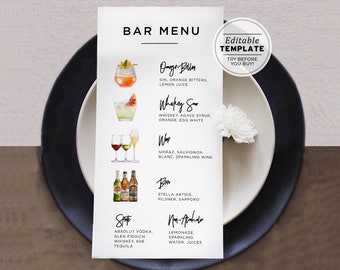 Bar Menu Template, Watercolor Wedding Bar Menu, Printable Weddings Drinks Menu, 120+ Drink Images, Editable Template #004 Juliette