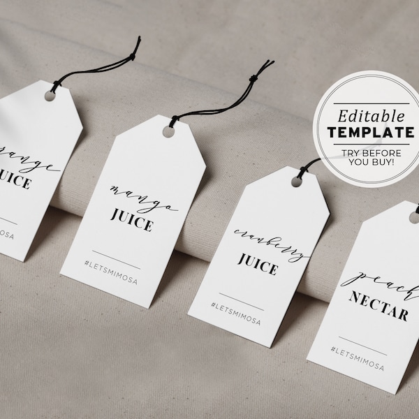 Mr White Minimalist 'Mimosa Bar' Juice Carafe Hanging Tags | PRINTABLE EDITABLE TEMPLATE #001