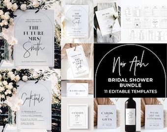 Noir Arch Minimalist Bridal Shower Party Bundle, 11 piece set, Printable, Hens Party Signage and Stationery Kit | EDITABLE TEMPLATE #049