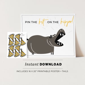 Pin the Party Hat on the Hippo Kids Party Game Printable Poster, Birthday Party Game, INSTANT DOWNLOAD