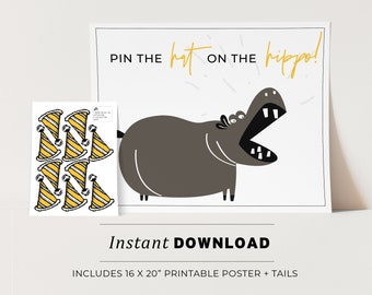 Pin the Party Hat on the Hippo Kids Party Game Printable Poster, Birthday Party Game, INSTANT DOWNLOAD