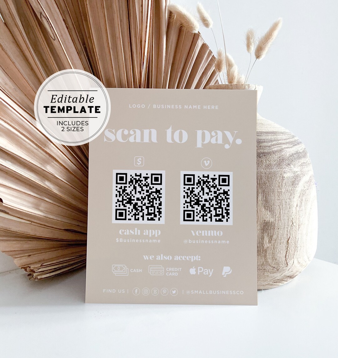 Payment Sign Template, Scan to Pay Sign, Scan to Pay Template, Cash App ...