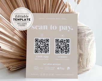 Payment Sign Template, Scan to Pay Sign, Scan to Pay Template, Cash App Sign, Printable Template #053 #043 Scandi Minimalist