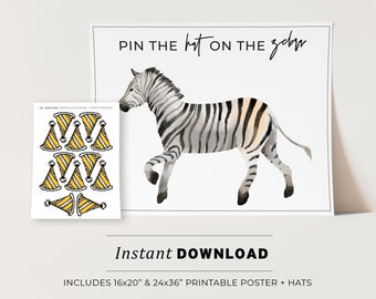 Pin the Hat on the Zebra Kids Party Game Printable Poster, Birthday Party Game, INSTANT DOWNLOAD