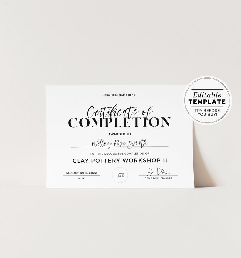 Minimalist Certificate of Completion, Certificate of Appreciation Printable EDITABLE TEMPLATE 055 043 image 1