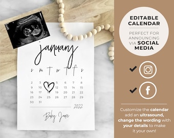 Pregnancy Announcement Digital, Social Media due Date Calendar, Editable Pregnancy Template
