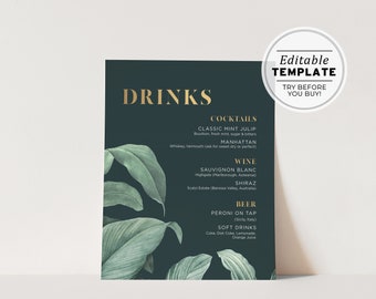 Mikala Tropical Leaves & Gold Wedding Drinks Bar Sign Printable Editable Template #065