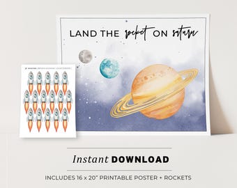 Space Themed Game, Land the Rocket on Saturn Kids Party Game Printable Poster, Birthday Party Game, INSTANT DOWNLOAD