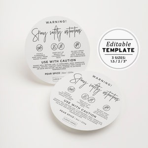May include: A black and white printable warning label template for spray safety instructions. The template includes a warning about flammability, keeping the product away from children and pets, and avoiding direct contact with skin, surfaces, or furnishings. The template is available in three sizes: 1.5 inches, 2 inches, and 3 inches.