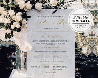 Classic Marble & Gold Wedding Order of Ceremony Sign, Printable | EDITABLE TEMPLATE #010