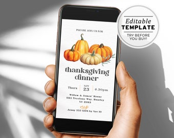 Editable Thanksgiving Dinner Digital Party Invitation, Friendsgiving e-Invite, SMS Evite | EDITABLE TEMPLATE