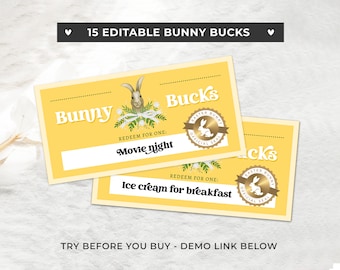 Printable Easter Bunny Coupons, Bunny Bucks, Easter Basket Fillers, Easter Egg Fillers, Personalized Easter Basket | EDITABLE TEMPLATE #099