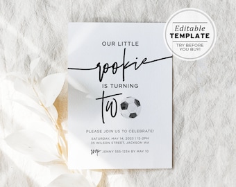 Minimalist Football 2nd Birthday Invitation, Rookie Birthday Party Invite Template, Soccer Party Invite | PRINTABLE EDITABLE TEMPLATE #077