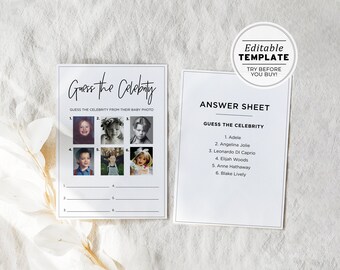 Juliette Celebrity Baby Name Match Game, Celebrity Parent Match, Printable Baby Shower Game, Baby Shower Activity | EDITABLE TEMPLATE #004