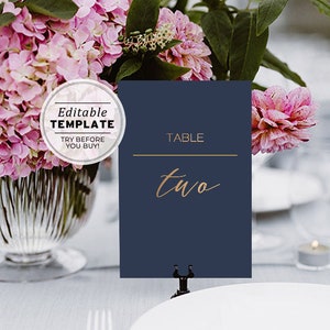 May include: A navy blue table number card with gold lettering. The card reads "TABLE two".