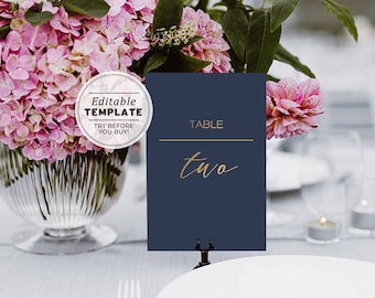 Navy & Gold Wedding Table Number Sign - Set of 25 | EDITABLE TEMPLATE Printable #012