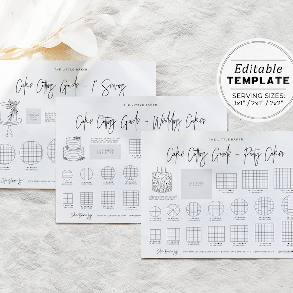 Editable Cake Cutting Guides Templates, 1x1", 1x2", 2x2" Serving Size Cake Cutting Instructions | EDITABLE TEMPLATE #050 #043 Juliette