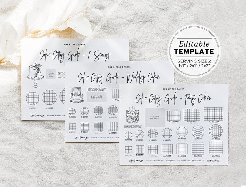 May include: Three printable cake cutting guides for 1-serving, wedding, and party cakes. Each guide features a black and white illustration of a cake with grid lines for cutting. The guides are labeled "The Little Baker" and include the website address.