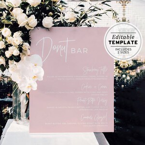 Blush Minimalist Donut Bar Menü Zeichen Vorlage, Donut Menü Vorlage druckbar, Bar Menü druckbare bearbeitbare Vorlage #035