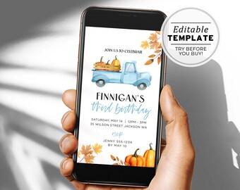 Finnigan Fall Themed Truck Birthday Digital Invite, Electronic Birthday Invite Template | EDITABLE TEMPLATE #104