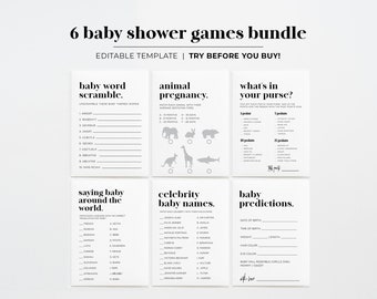 6 Baby Shower Games, Baby Shower Game Bundle, Printable Baby Shower Games, Printable | EDITABLE TEMPLATE #001 Mr White