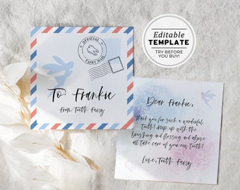 Editable Tooth Fairy Letter and Envelope Kit, Baby Tooth Fairy Note Template Mini letter 3x3"