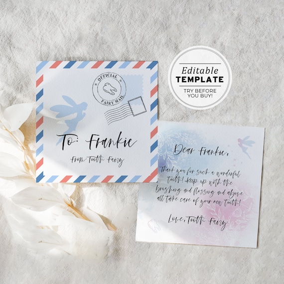 Editable Tooth Fairy Letter and Envelope Kit, Baby Tooth Fairy Note Template Mini letter 3x3"
