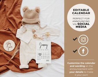Ellery Pregnancy Announcement Digital, Baby Due Date Calendar, Social Media, Editable Template