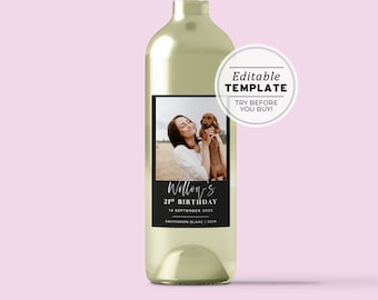Willow Minimalist 21st Birthday Party Custom Wine Label, Personalized Wine Label, Photo Wine Label Template, Printable Wine Label #028