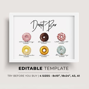 Juliette Minimalist Donut Bar Sign - Pick from 88+ Watercolor Illustrations, EDITABLE TEMPLATE, Printable #004