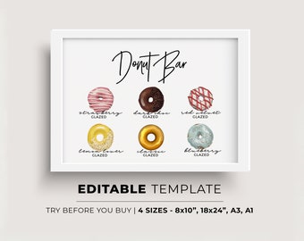 Juliette Minimalist Donut Bar Sign - Pick from 88+ Watercolor Illustrations, EDITABLE TEMPLATE, Printable #004