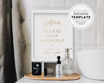 Juliette Gold Minimalist Wedding Bathroom Basket Sign, Mens Bathroom Sign, Mens Room Sign | PRINTABLE EDITABLE TEMPLATE #017