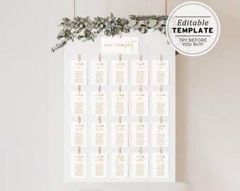 Juliette Gold Minimalist Wedding Seating Chart Template, Hanging Table List, Wedding Seating Sign, Printable, Editable Template #017