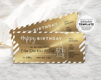 Printable Gold Wine Tasting Ticket Birthday Gift Template, Surprise Gift Certificate | EDITABLE TEMPLATE #082