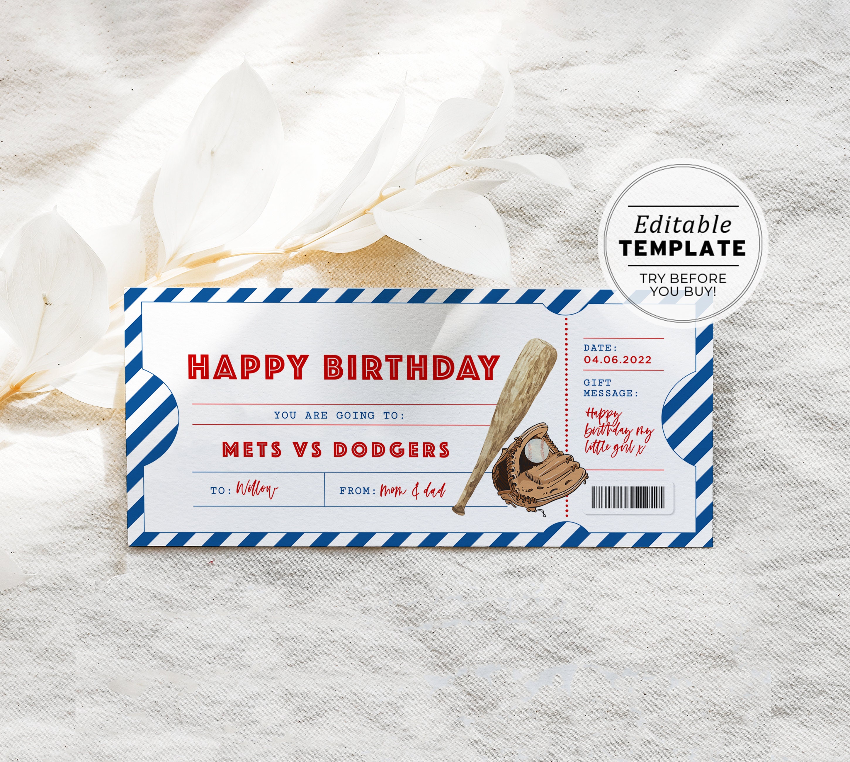 Printable Baseball Game Ticket Birthday Gift Template Party -  Denmark